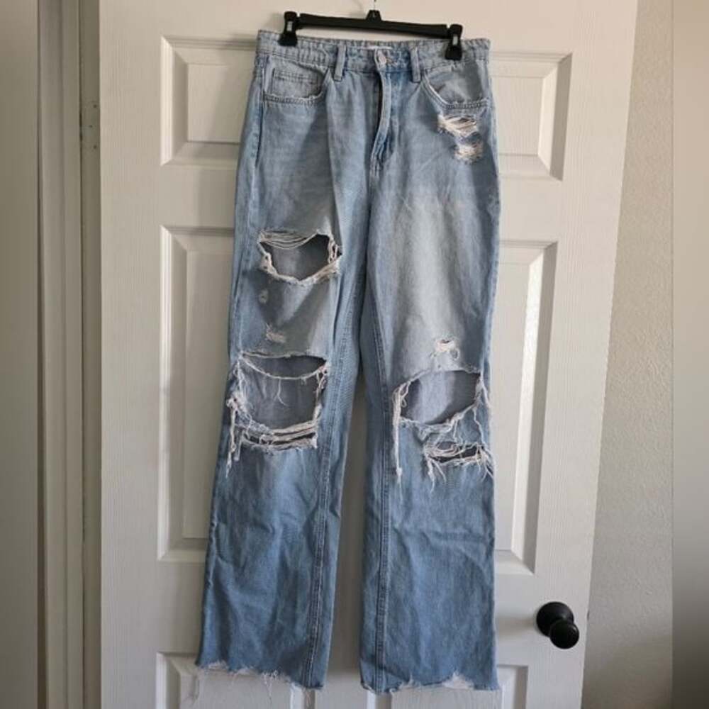 Flying Monkey Light Wash 90's Vintage Wide Leg Jeans 100% Cotton Size 28 - Picture 3 of 6
